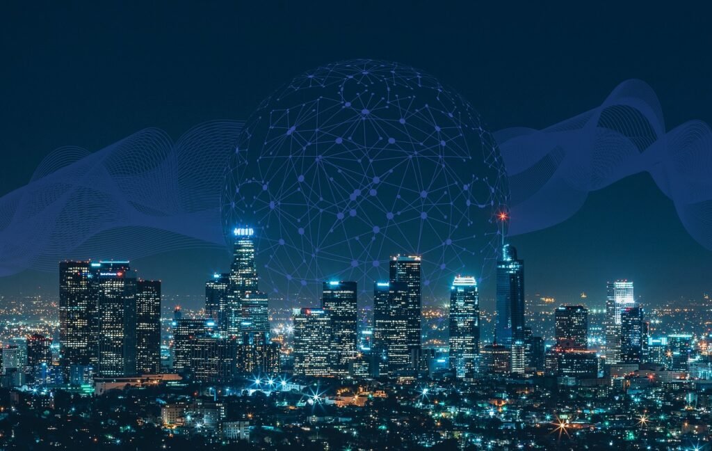 skyscrapers, skyline, city, communication, network, night, abstract, technology, waves, information, connection, internet, data, business, modern, smart, future, network, network, network, internet, data, data, data, data, data, future, future, future, future
